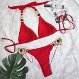 Brazilian bikini, two-piece swimsuit, separate, string, thong, halter neck, open back, 6 colors, sexy, with cups, no wires, pads, large bust, rhinestones, sauna, hot spring, swimming, beach, pool, S~L