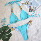 Brazilian bikini, two-piece swimsuit, separate, string, thong, halter neck, open back, 6 colors, sexy, with cups, no wires, pads, large bust, rhinestones, sauna, hot spring, swimming, beach, pool, S~L
