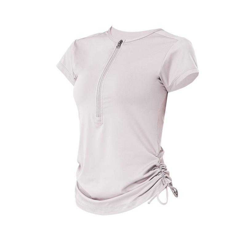 Short-sleeved T-shirt, yoga top, round neck, plain, thin, sports, breathable, unique design♪ Slim, drawstring design, S~XL