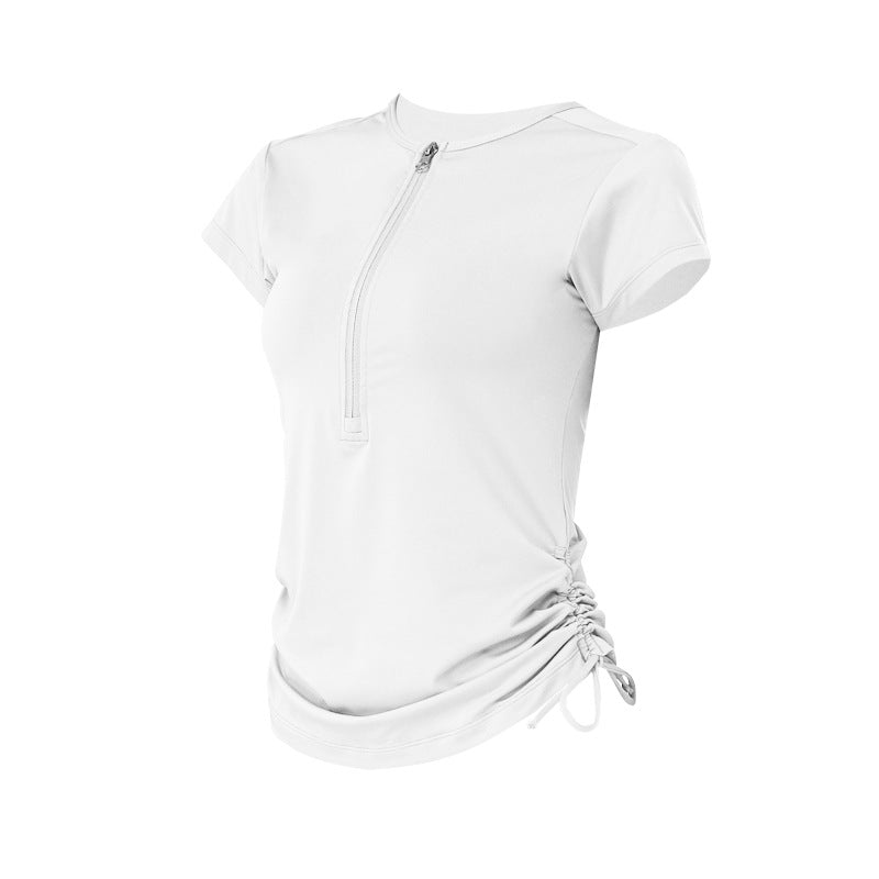 Short-sleeved T-shirt, yoga top, round neck, plain, thin, sports, breathable, unique design♪ Slim, drawstring design, S~XL
