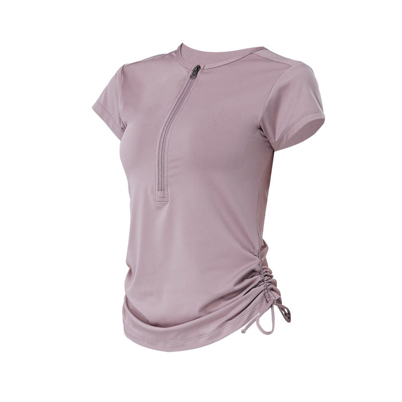 Short-sleeved T-shirt, yoga top, round neck, plain, thin, sports, breathable, unique design♪ Slim, drawstring design, S~XL