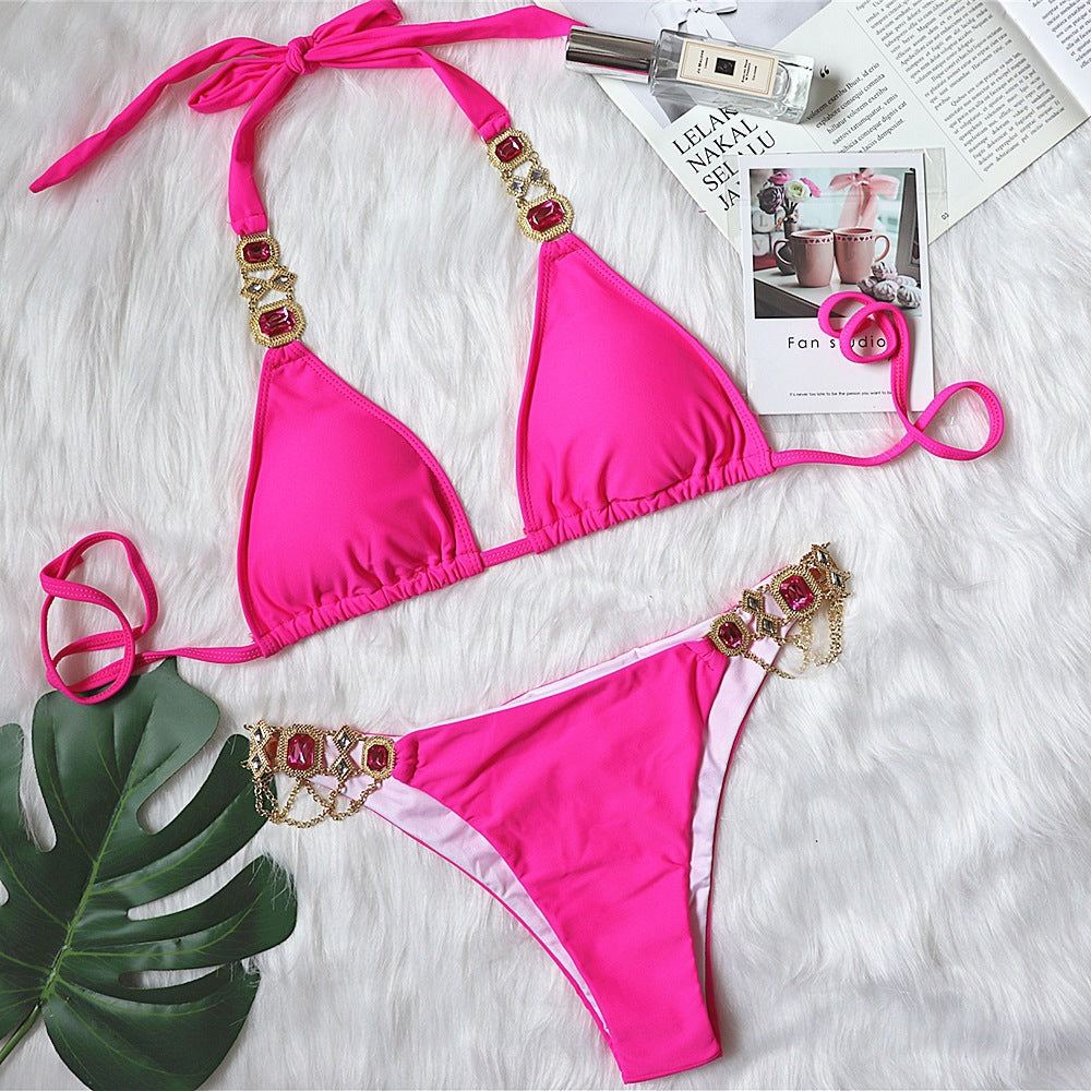 Brazilian bikini, two-piece swimsuit, separate, string, thong, halter neck, open back, 6 colors, sexy, with cups, no wires, pads, large bust, rhinestones, sauna, hot spring, swimming, beach, pool, S~L