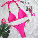 Brazilian bikini, two-piece swimsuit, separate, string, thong, halter neck, open back, 6 colors, sexy, with cups, no wires, pads, large bust, rhinestones, sauna, hot spring, swimming, beach, pool, S~L