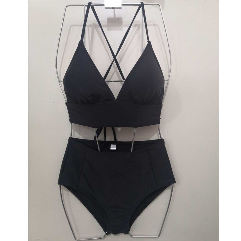 Two-piece swimsuit, string bikini, separate, large bust, with cups, back cross, open back, no wires, for hot springs, pool, simple, halter neck, plain, super big, high waist, cute, pad, M~XL