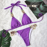 Brazilian bikini, two-piece swimsuit, separate, string, thong, halter neck, open back, 6 colors, sexy, with cups, no wires, pads, large bust, rhinestones, sauna, hot spring, swimming, beach, pool, S~L