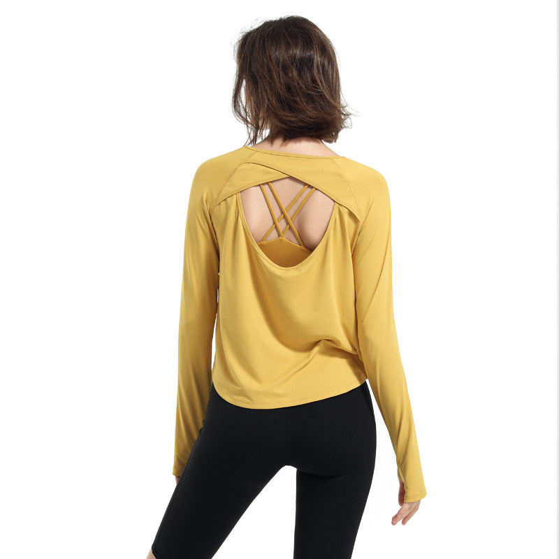 Yoga Tops, Long Sleeves, Round Neck, Solid Color, Sports, Breathable, Quick Drying, Open Back, Openwork, Retro, Daily, Popular, Sexy, S~XL