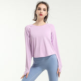 Yoga Tops, Long Sleeves, Round Neck, Solid Color, Sports, Breathable, Quick Drying, Open Back, Openwork, Retro, Daily, Popular, Sexy, S~XL