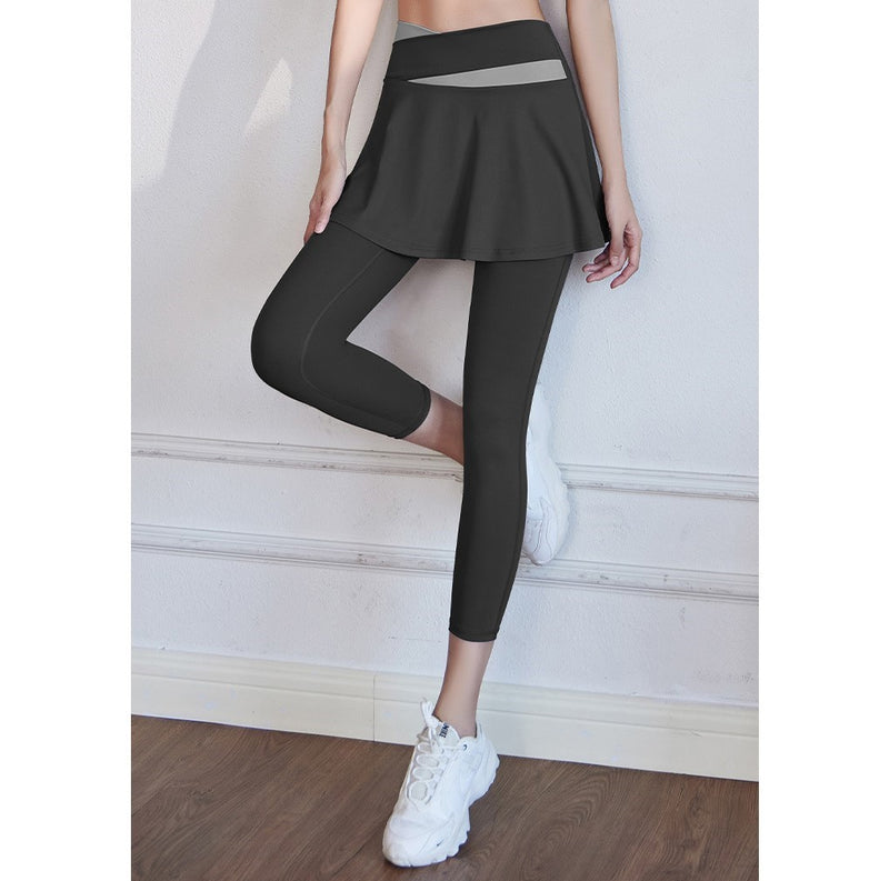 ヨガレギンス スカート付きタイツ 脚長 美脚 美尻 着圧 一体型 9分丈 吸汗速乾 ハイウエスト フレア aライン ストレッチ ランニング ピラティス フィットネスウェア ティアード おしゃれ ジム 重ね着 体型カバー 全4色 大きいサイズ S-XXL