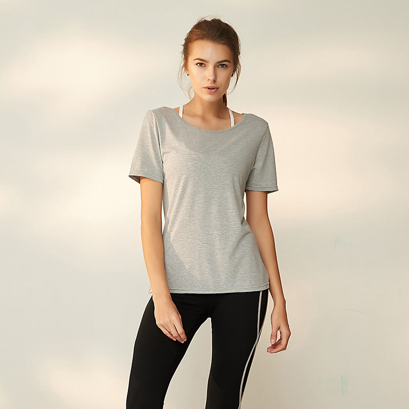 Yoga T-shirt, Yoga Top, Short Sleeve, Round Neck, 3 Colors, Breathable, Sweat Absorbent, Quick Drying, Open Back, Belly Cover, Stretch, Durable, Casual, Loose Fit, Easy to Match, Stylish, Fitness, Sports, Running, Gym, S~L
