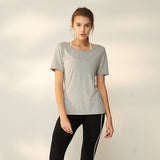 Yoga T-shirt, Yoga Top, Short Sleeve, Round Neck, 3 Colors, Breathable, Sweat Absorbent, Quick Drying, Open Back, Belly Cover, Stretch, Durable, Casual, Loose Fit, Easy to Match, Stylish, Fitness, Sports, Running, Gym, S~L