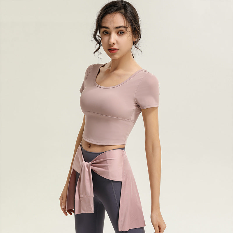 Yoga T-shirt, Yoga Top, Short Sleeve, Covers Upper Arms, With Cups, Pad, Round Neck, Open Back, Back Cross, Cropped Length, Cute, Shows Belly Button, Running, Sports, Training, Fitness, 4 Colors, S~XL