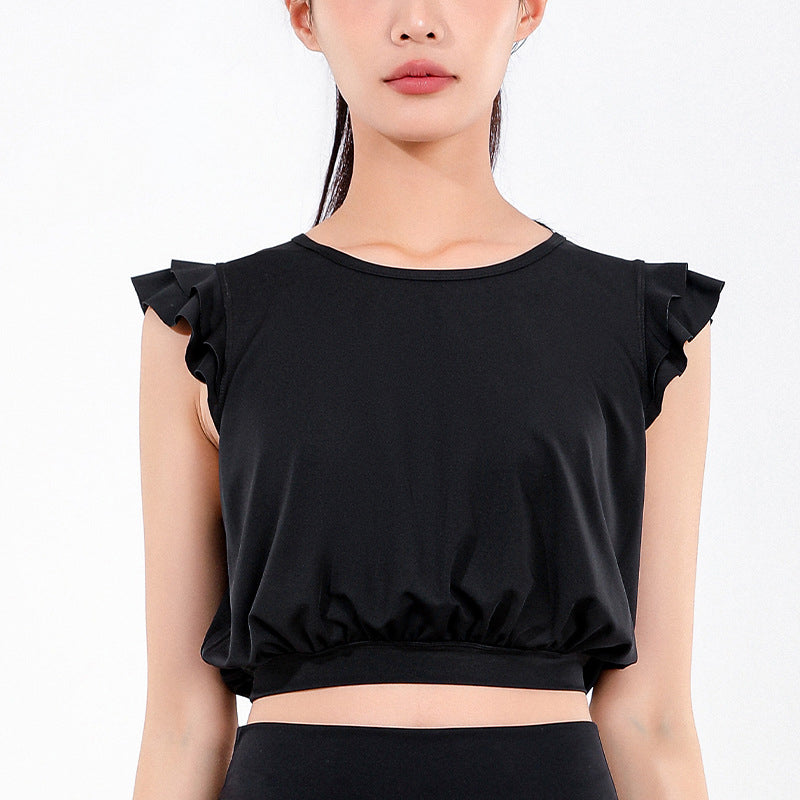 ヨガtシャツ ヨガトップス バックスリット 肩フリル 羽織り ギャザー チュニック めくれない 	へそ出し 激安 ラウンドネック 無地 全4色 速乾 ゆったり スポーツ 軽さ ピラティス 	スポーツ フィットネス ランニング S-XL