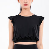 ヨガtシャツ ヨガトップス バックスリット 肩フリル 羽織り ギャザー チュニック めくれない 	へそ出し 激安 ラウンドネック 無地 全4色 速乾 ゆったり スポーツ 軽さ ピラティス 	スポーツ フィットネス ランニング S-XL
