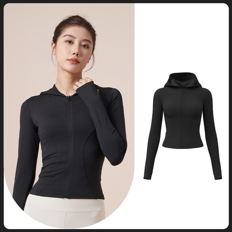 Yoga wear, hoodie, long sleeves, front opening, finger holes, stretch, comfortable, soft, slimming, large size, body coverage, straight bone structure, 3 colors, zipper, won't turn up, sports, fitness, running, outlet, cycling, S-XXL