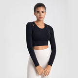 Yoga T-shirt, long sleeves, cupped, finger holes, fuller, open shoulders, no shaking, belly button exposed, cropped length, slimming, round neck, solid color, 4 colors available, sports, fitness, running, pilates, comfortable, yoga top, S-XL