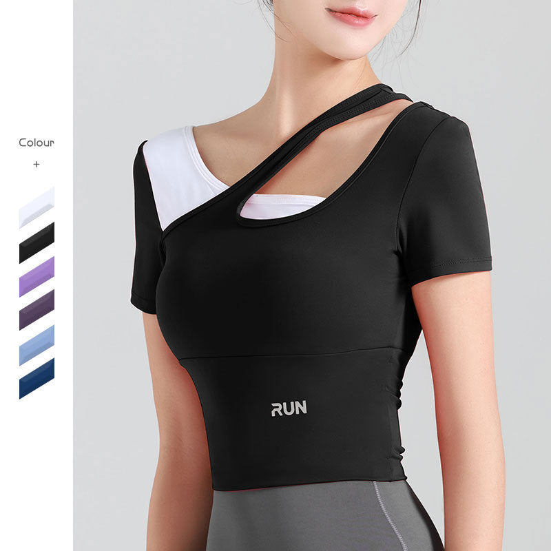 Yoga top, short sleeves, 3 colors to choose from, padding, color scheme, sports, breathability, quick drying, sweat absorption, belly cover, design, simple, slim, retro, cute, sexy, high-class, cheap, S~XXL