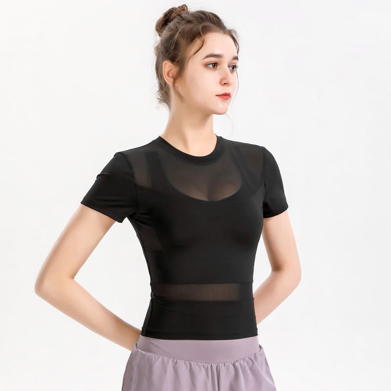 Short sleeve yoga top, round neck, solid color, 4 colors to choose from, tulle, simple, sweet, cute, S~XL