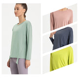 Yoga T-shirt, Yoga Top, Wrap-around, Long Sleeve, Loose Fit, Thin, Soft, Breathable, Shirring, Round Neck, Solid Color, 4 Colors, Long, Non-Constricting, Sports, Fitness, Quick Drying, S-XL