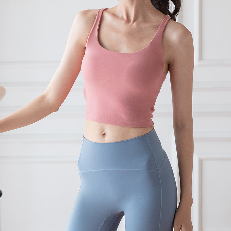 ヨガトップス ブラトップ Uネック 全6色 通気性 カップ付き へそ出し 揺れない 速乾 吸汗 バッククロス 背中開き パッド ワイヤーなし ストレッチ クロップド丈 綺麗め 大人可愛い おしゃれ ピラティス フィットネス スポーツ ジム S~XL