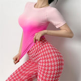 Yoga T-shirt, Yoga Top, Short Sleeve, Slim, Fashion, Round Neck, Gradient, 6 Colors, No Turning Up, Stretch, Sports, Breathable, Comfortable, Sweat Absorbent, Quick Drying, Casual, Slimming, Cute, Straight Skeleton, Tight, Colorful, Running, Fitness, S~L
