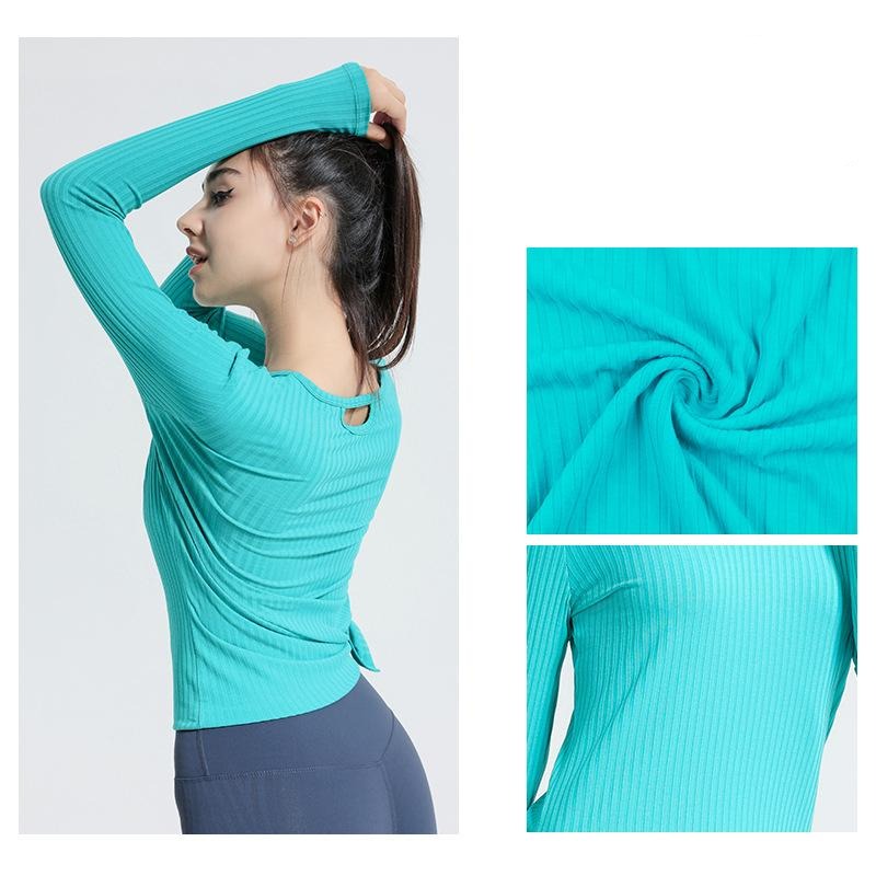 Yoga tops, long sleeves, round neck, stripes, 3 colors to choose from, running, open back, slimming design, popular item, S~XL
