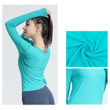 Yoga tops, long sleeves, round neck, stripes, 3 colors to choose from, running, open back, slimming design, popular item, S~XL