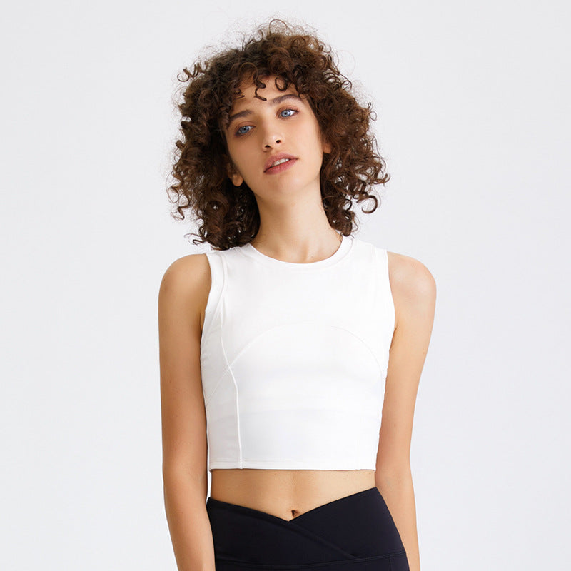 Yoga Tank Top with Cups, No Shaking, Belly-Baring, Stretchable, Sweat-Absorbent, Quick-Drying, Breathable, Round Neck, Solid Color, 4 Colors, Cropped Length, Stays in Place, Tight Neck, Sports, Fitness, Pilates, Running, Outlet, S-XL