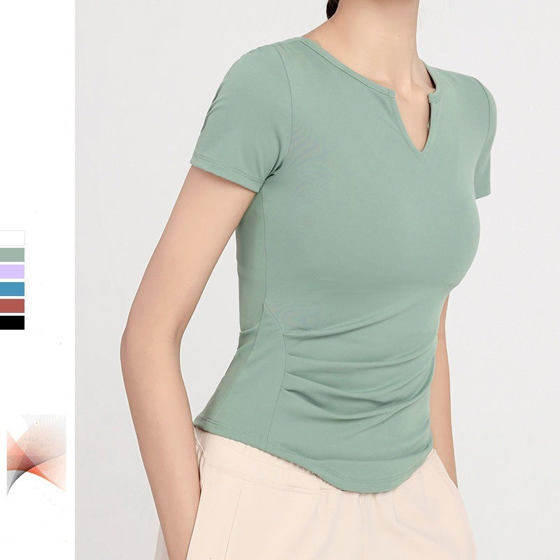 Yoga top, short sleeve, V-neck, 6 colors to choose from, breathable, quick-drying, sweat-absorbent, lightweight, sports, slimming, sweet, stylish, elegant, everyday, charming, S~XL