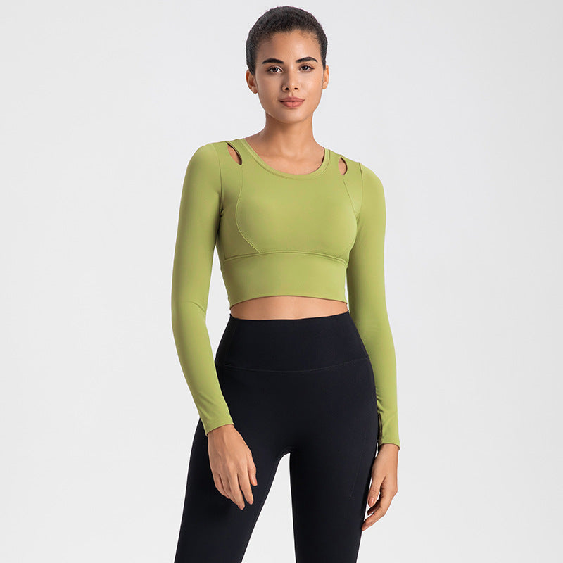 Yoga T-shirt, long sleeves, cupped, finger holes, fuller, open shoulders, no shaking, belly button exposed, cropped length, slimming, round neck, solid color, 4 colors available, sports, fitness, running, pilates, comfortable, yoga top, S-XL