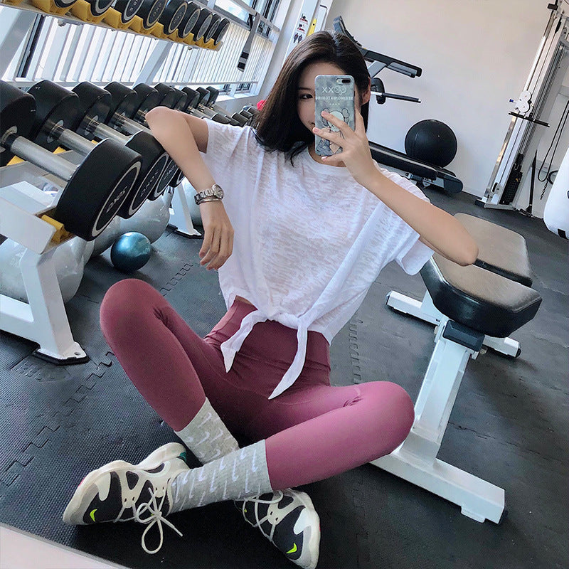 Short Sleeve Yoga Tops Round Neck Solid Color Fitness Casual Stylish Sports Yoga Wear S~XL