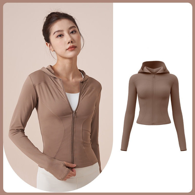 Yoga wear, hoodie, long sleeves, front opening, finger holes, stretch, comfortable, soft, slimming, large size, body coverage, straight bone structure, 3 colors, zipper, won't turn up, sports, fitness, running, outlet, cycling, S-XXL