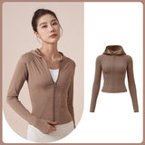 Yoga wear, hoodie, long sleeves, front opening, finger holes, stretch, comfortable, soft, slimming, large size, body coverage, straight bone structure, 3 colors, zipper, won't turn up, sports, fitness, running, outlet, cycling, S-XXL