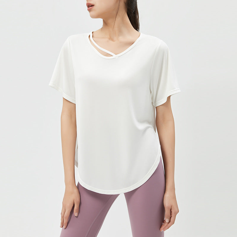 Yoga T-shirt, Yoga wear, Top, Short sleeve, Round neck, 5 colors, Side ribbon, Curved hem, Body cover, Cover up, Breathable, Quick drying, Thin, Loose fit, Sports, Fitness, Stylish, Soft, Lightweight, Running, Gym, S~XL