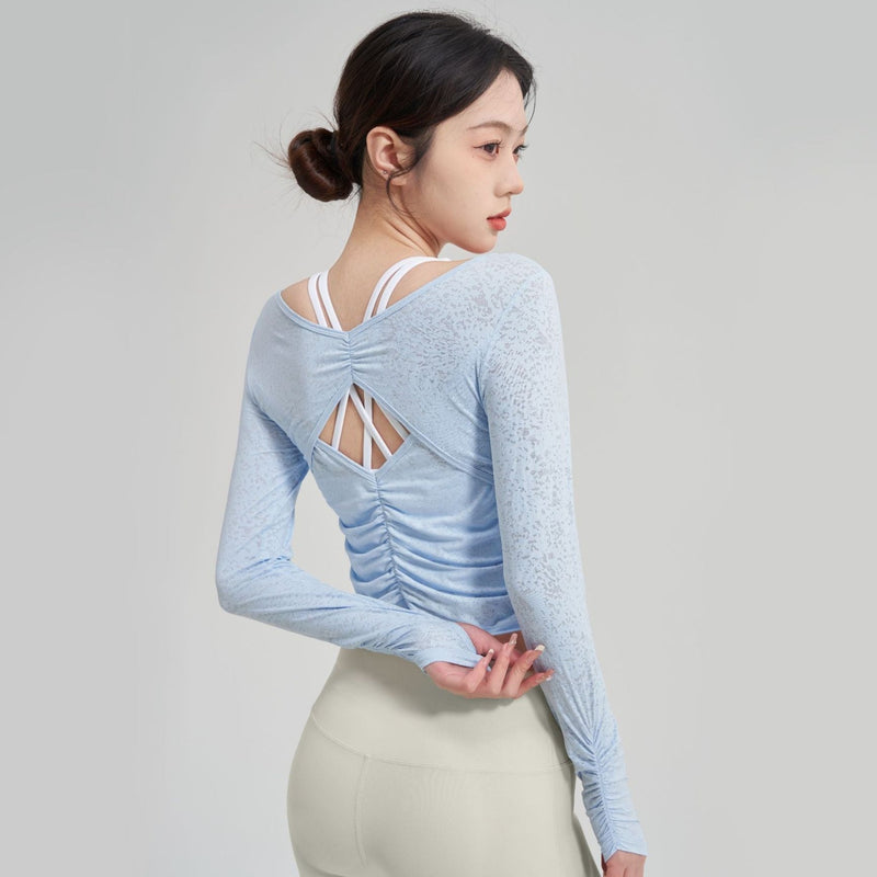 ヨガtシャツ ヨガトップス 長袖 カーブヘム 背中開き 羽織り 指穴 フリル 透け ナチュラル ラウンドネック 全5色 背中が可愛い フィットネス スポーツ ランニング 速乾 ゆったり 薄手 通気性 シースルー 骨格ストレート S-XL