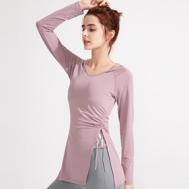 Yoga wear, tops, wrap, yoga t-shirt, long, hooded, drawstring, long sleeves, side slits, won't turn up, sports, running, fitness, quick-drying, soft, slimming, large size, body coverage, shirring, 4 colors available, S-XXL