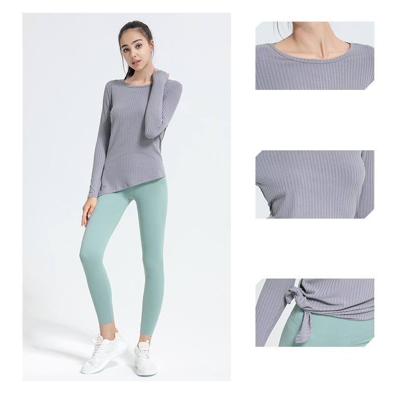 Yoga tops, long sleeves, round neck, stripes, 3 colors to choose from, running, open back, slimming design, popular item, S~XL