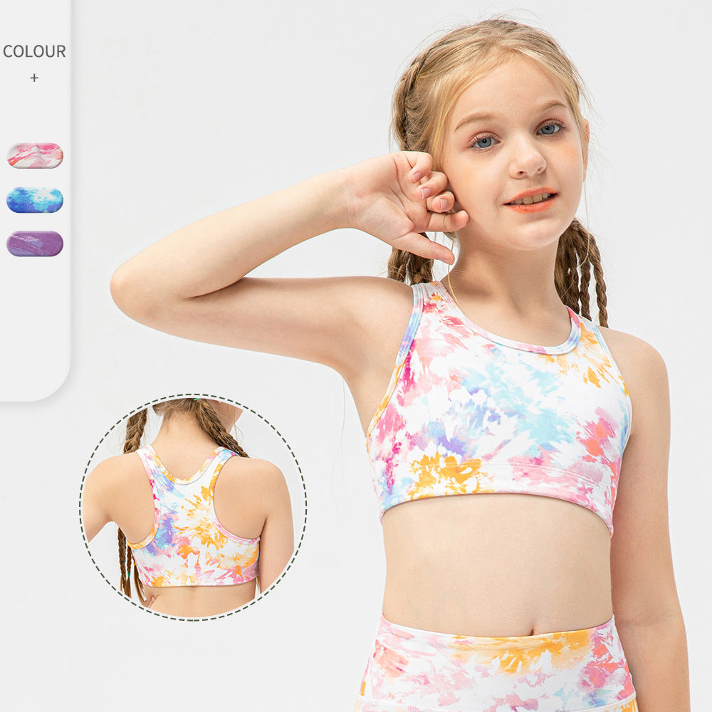 Kids Yoga Bra Top, Round Neck, Print, Junior, For Kids, Cute, Soft, Nylon, 3 Colors to Choose From, Girls, Color Scheme, Quick Drying, Lightweight, Open Back, Pilates, Off Shoulder, Highly Elastic, 7-11 Years, 120-150