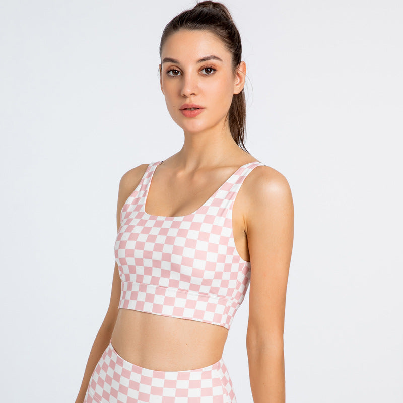 Yoga bra top, U-neck, check pattern, with cups, open back, push-up, wide shoulder straps, bra, wide hem, no shaking, no wires, sports, fitness, running, stylish, comfortable, soft, beautiful, breathable, natural, 3 colors available, S-XL