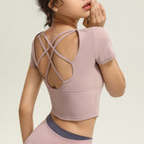 Yoga T-shirt, Yoga Top, Short Sleeve, Covers Upper Arms, With Cups, Pad, Round Neck, Open Back, Back Cross, Cropped Length, Cute, Shows Belly Button, Running, Sports, Training, Fitness, 4 Colors, S~XL