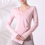 Yoga T-shirt, long sleeves, finger holes, gathers, asymmetrical, side slits, 4 colors, long, hides belly, V-neck, sports, fitness, running, comfortable, sweat-wicking, quick-drying, covers body shape, SL