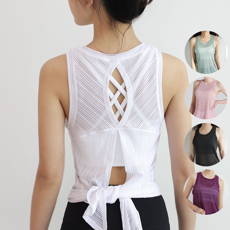 Yoga top, tank top, wrap, open back, loose, round neck, solid color, 5 colors, breathable, quick drying, belly cover, sleeveless, lightweight, thin, back slit, backless, see-through, fitness, sports, running, large size, S-XXL