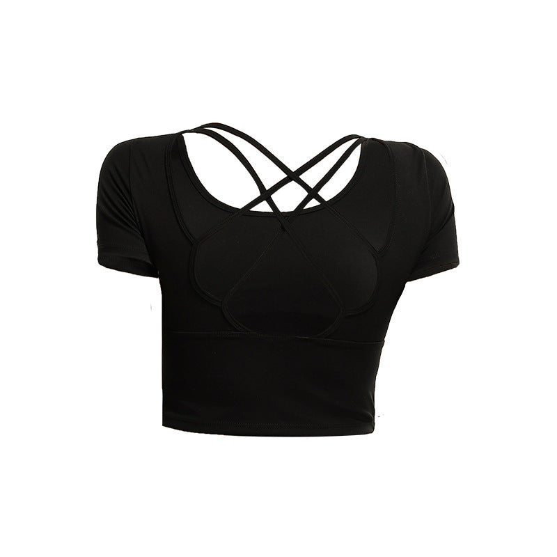 Yoga T-shirt, Yoga Top, Short Sleeve, Covers Upper Arms, With Cups, Pad, Round Neck, Open Back, Back Cross, Cropped Length, Cute, Shows Belly Button, Running, Sports, Training, Fitness, 4 Colors, S~XL