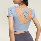 Yoga T-shirt, Yoga Top, Short Sleeve, Covers Upper Arms, With Cups, Pad, Round Neck, Open Back, Back Cross, Cropped Length, Cute, Shows Belly Button, Running, Sports, Training, Fitness, 4 Colors, S~XL