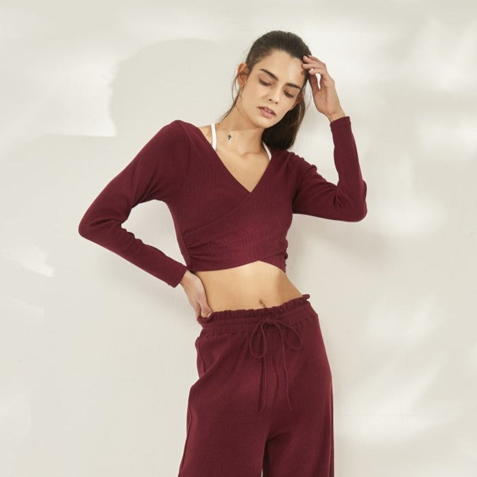 Yoga wear tops, v-neck, long sleeves, cross, 7 colors, curved hem, cropped length, cover-up, belly button exposed, sports, running, stylish, sweat-wicking, quick-drying, loose, soft, SL