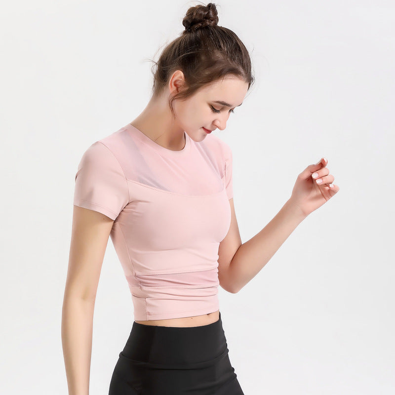 Short sleeve yoga top, round neck, solid color, 4 colors to choose from, tulle, simple, sweet, cute, S~XL