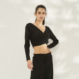 Yoga wear tops, v-neck, long sleeves, cross, 7 colors, curved hem, cropped length, cover-up, belly button exposed, sports, running, stylish, sweat-wicking, quick-drying, loose, soft, SL