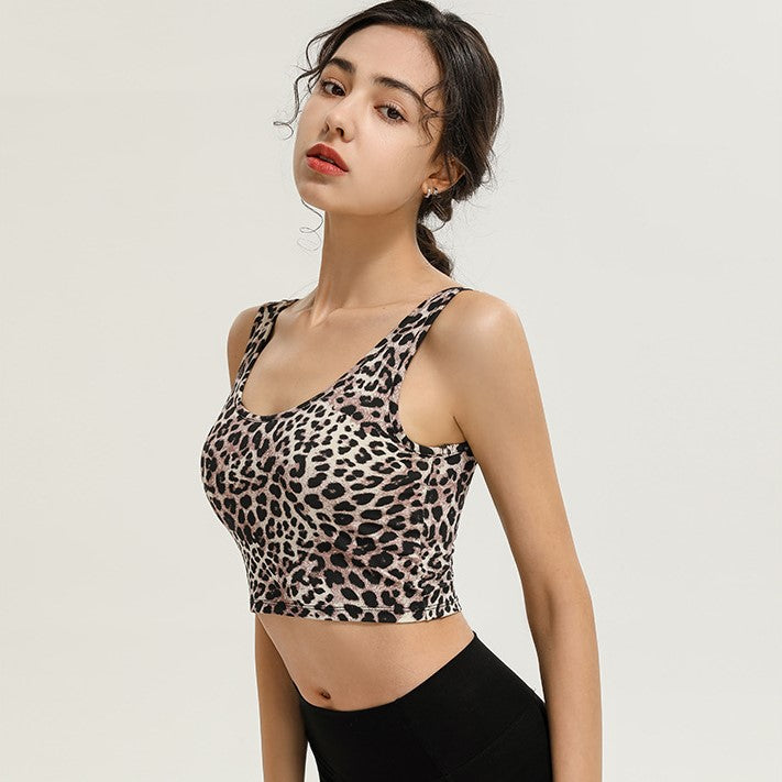 ヨガストップス  キャミソール  ラウンドネック ヒョウ柄 スポーツ   タイリッシュ フェミニン チャーミング S~XL