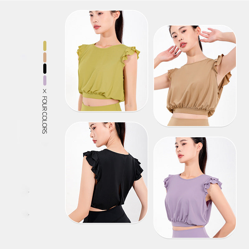 ヨガtシャツ ヨガトップス バックスリット 肩フリル 羽織り ギャザー チュニック めくれない 	へそ出し 激安 ラウンドネック 無地 全4色 速乾 ゆったり スポーツ 軽さ ピラティス 	スポーツ フィットネス ランニング S-XL