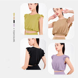 ヨガtシャツ ヨガトップス バックスリット 肩フリル 羽織り ギャザー チュニック めくれない 	へそ出し 激安 ラウンドネック 無地 全4色 速乾 ゆったり スポーツ 軽さ ピラティス 	スポーツ フィットネス ランニング S-XL