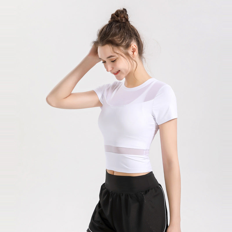 Short sleeve yoga top, round neck, solid color, 4 colors to choose from, tulle, simple, sweet, cute, S~XL